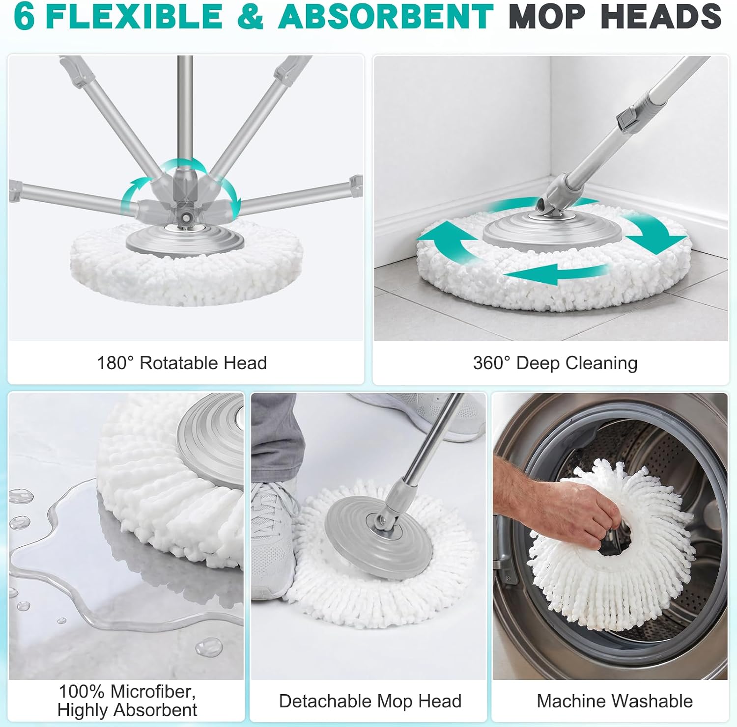 Detalle de Sarkunpio J0227D Spin Mop and Bucket Set, 6 Microfiber Heads, Teal