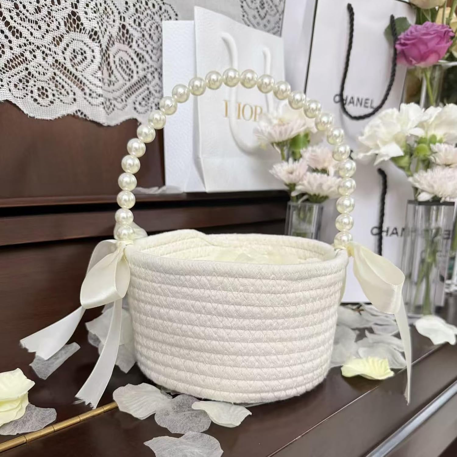 Thumbnail 2 de 2 Pack Wedding Flower Girl Basket with Pearl Handle – Cotton, Lightweight & Elegant