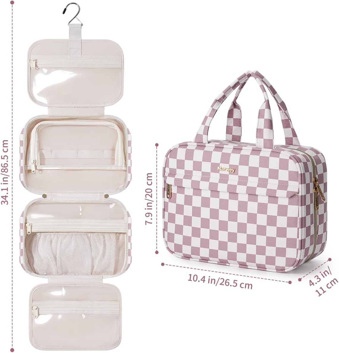 Detalle de Narwey Hanging Toiletry Bag (Dusty Pink Checkerboard-M) – Large