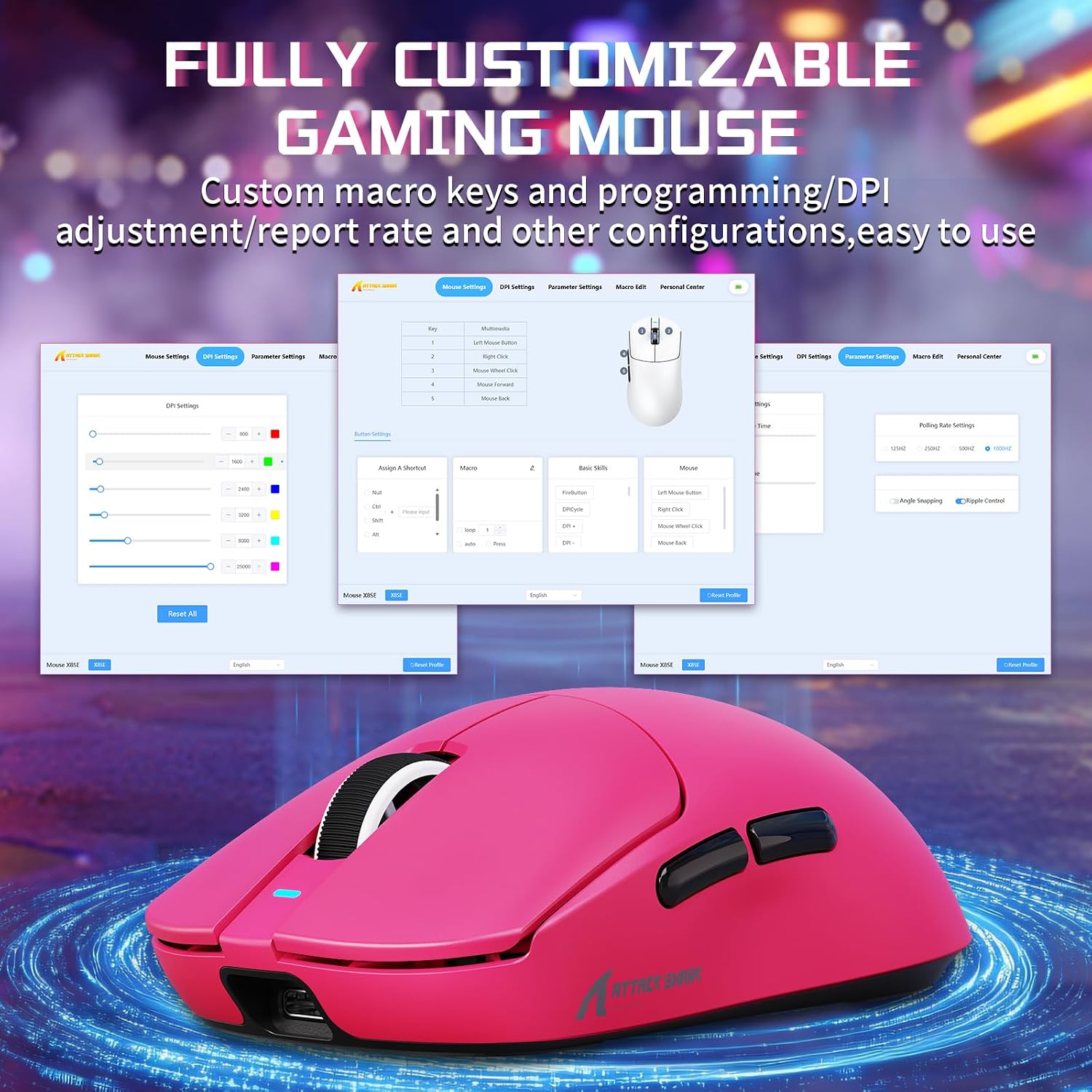 Detalle de MAMBASNAKE X ATTACK SHARK X8SE 55g: mouse da gioco wireless ultraleggero con 25000 DPI