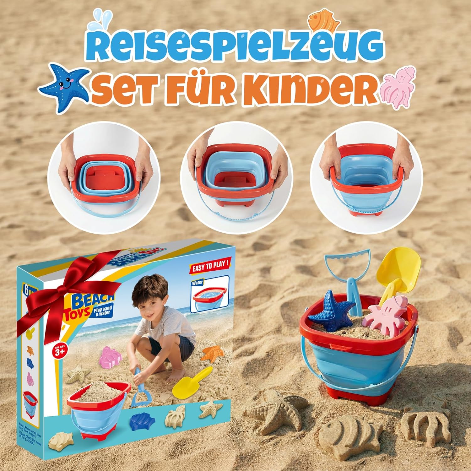 Thumbnail 4 de TUNISE Sandspielzeug-Set für Kinder mit klappbarem Silikoneimer, Schaufel, Rechen, Förmchen & Netztasche