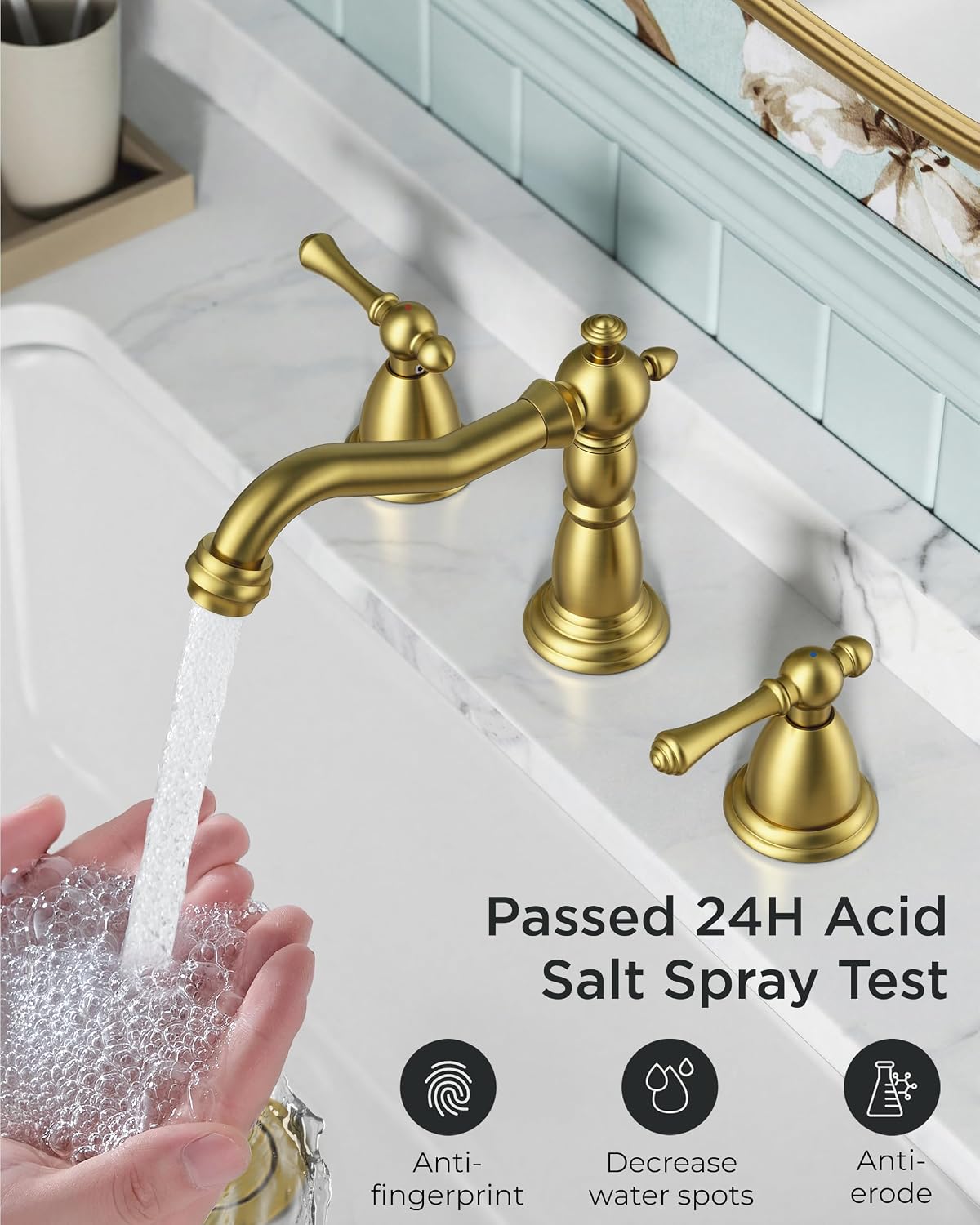 Detalle 2 de FORIOUS FB-03055G Vintage Bathroom Sink Faucet, Brushed Gold, 3-Hole Widespread