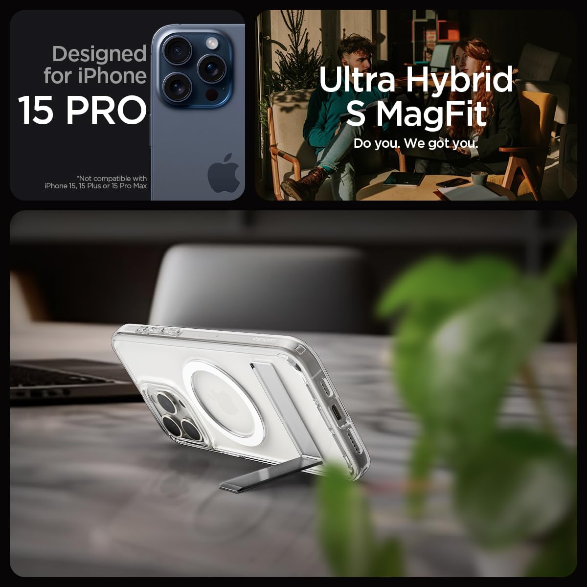 Thumbnail 1 de Spigen coque magnétique MagFit Kickstand pour iPhone 15 Pro – protection hybride TPU/PC transparente