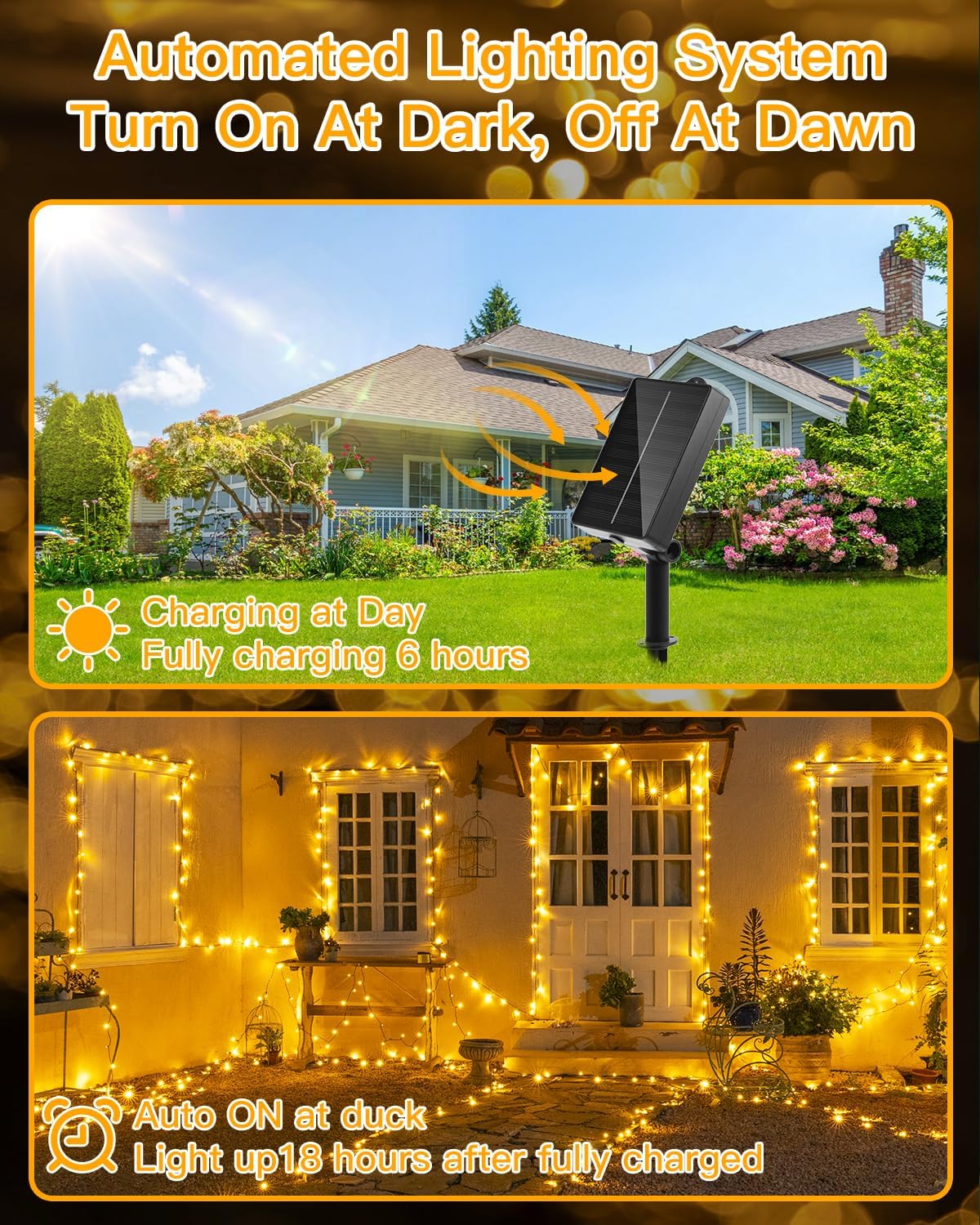 Detalle de Ollny Solar Lights Outdoor Garden 20m 200 LED Solar Fairy Light String with Warm White, IP44 & 8 Modes
