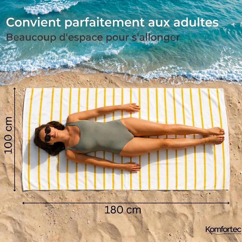 Detalle de Komfortec Serviette de Plage 100 x 180 cm en coton à rayures – grand drap de bain, douceur absorbante