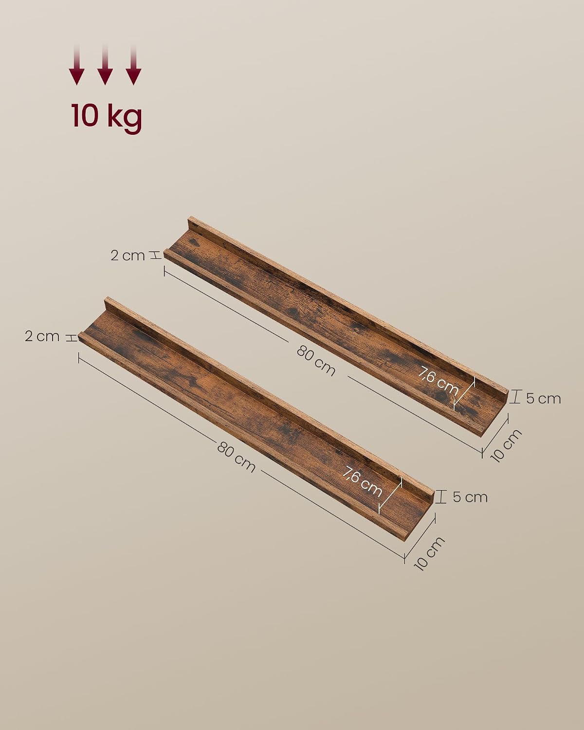 Detalle de VASAGLE LWS084K01 Floating Wall Shelves, Set of 2, 80 cm, Vintage Brown