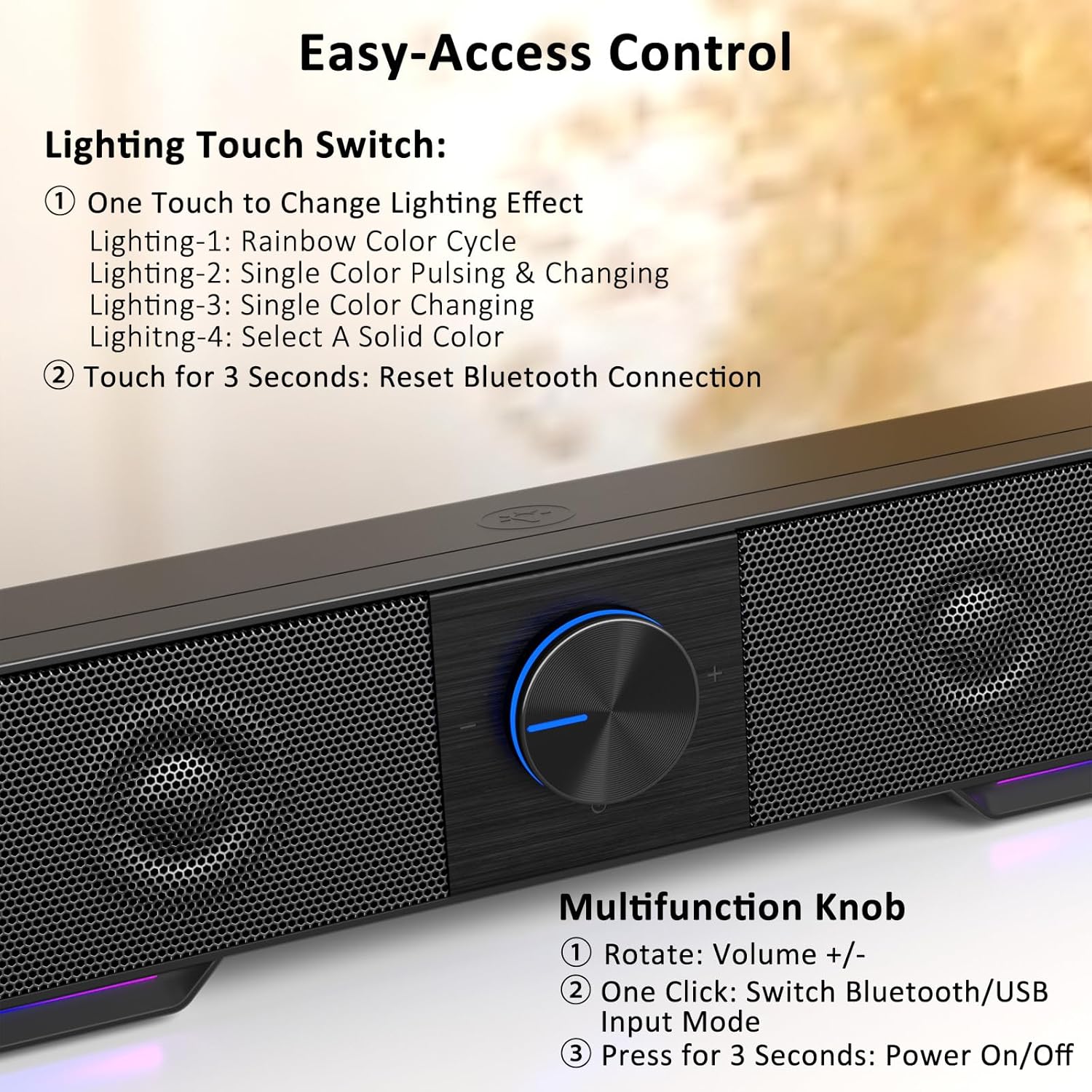 Detalle 2 de Jeecoo A40 USB & Type-C PC speakers with Bluetooth, touch LEDs and vibrating diaphragms