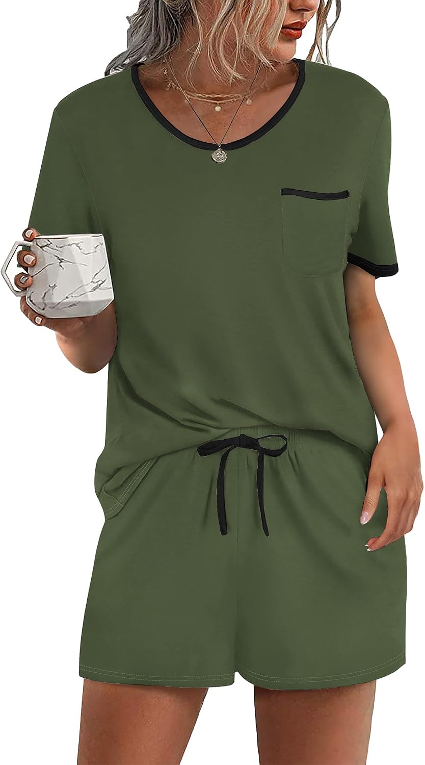 Detalle de Ekouaer Women's Two-Piece Pajama Set with Short Sleeves and Drawstring Shorts