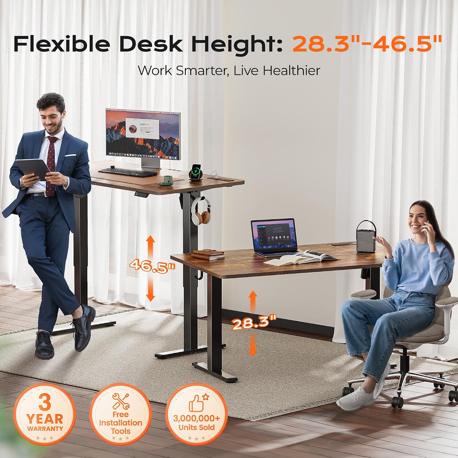 Detalle de Huuger 55 x 27.6 Large Electric Standing Desk with 4 Outlets, USB-C & Height Presets – Rustic Brown