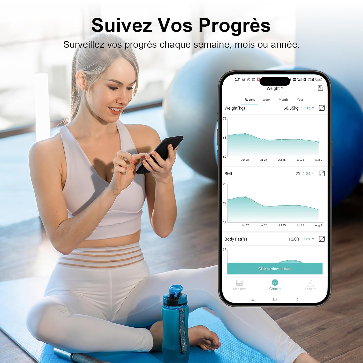 Detalle de Balance connectée Healthkeep Balance Connectée avec impédancemètre, grand écran VA et mesure de la fréquence cardiaque (jusqu’à 180 kg) – Bleu marine