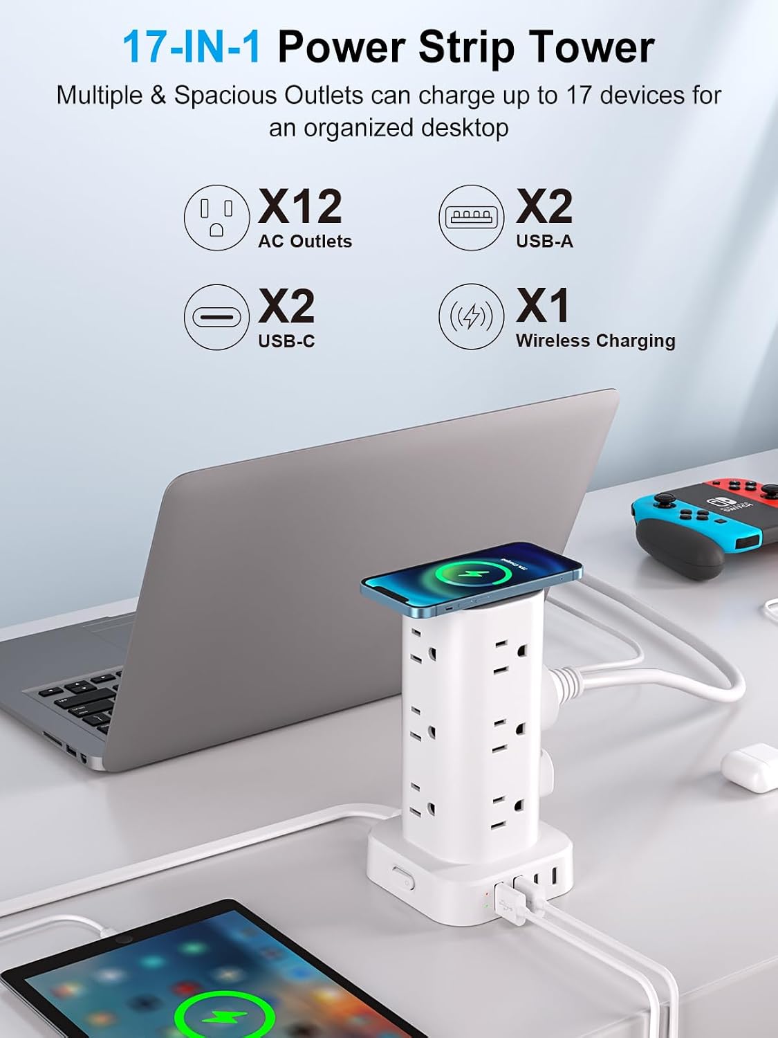 Detalle de Power Strip Tower with Wireless Charger: 17-in-1 Desk Organizer and Charging Hub