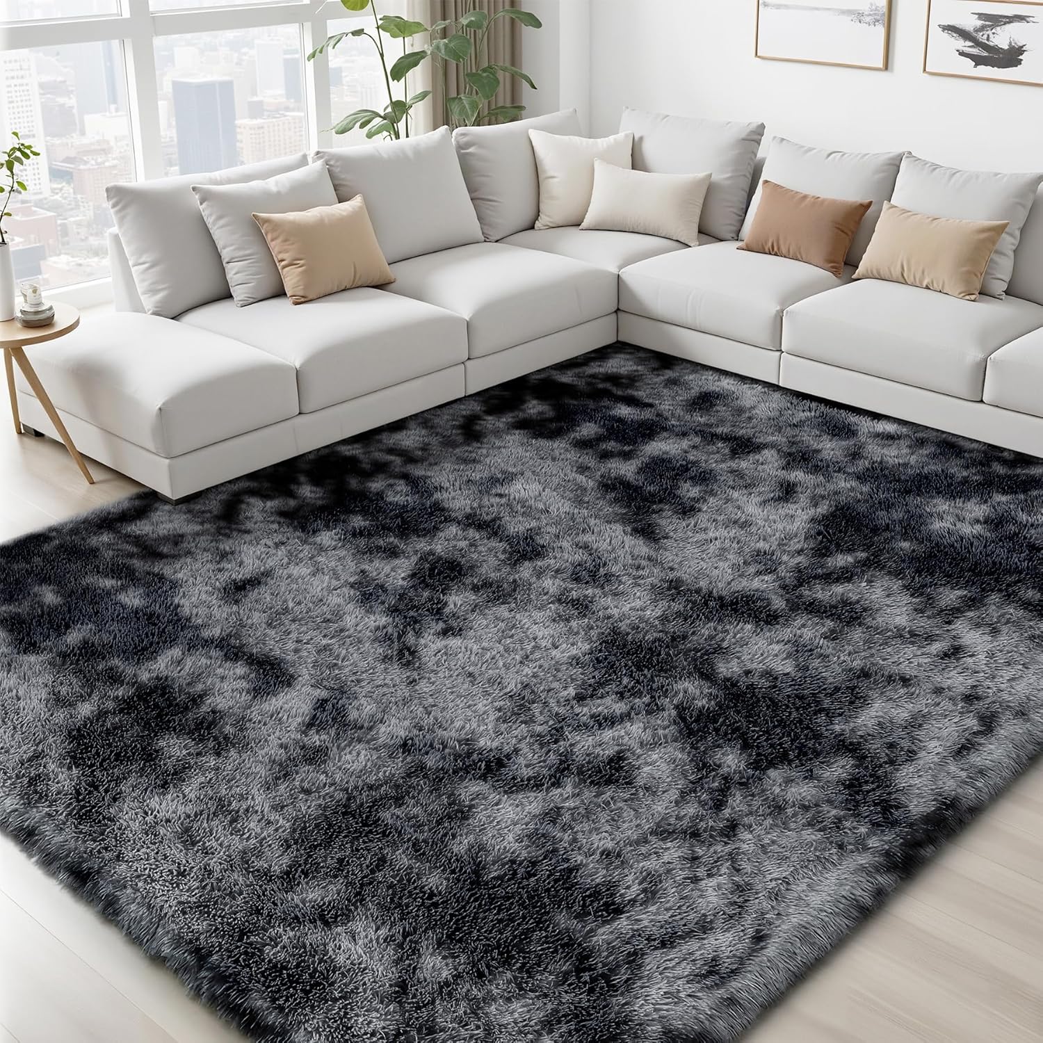 Thumbnail 6 de 8x10 Fluffy Shag Area Rug for Living Room & Bedroom – Black/Gray, Non-Slip, High-Pile Plush