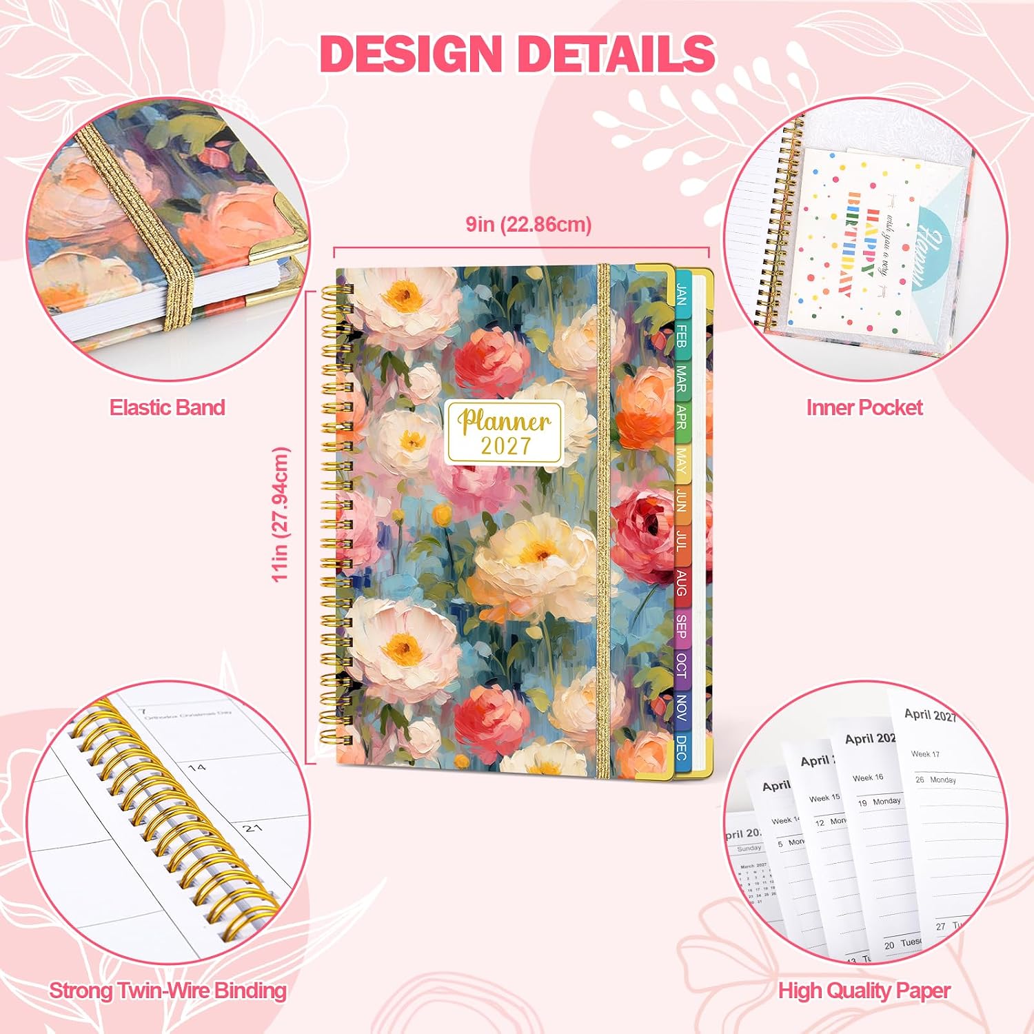 Detalle de OMEYA 2027 Weekly and Monthly Planner, 8.5 x 11 in, Floral Hardcover