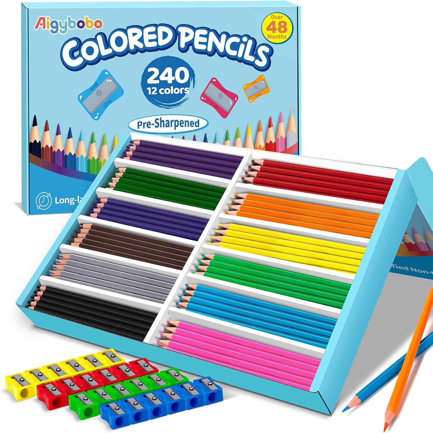 Detalle de 240 Count Colored Pencils Bulk for Classroom – 12 Vibrant Colors, Pre-Sharpened with 24 Sharpeners