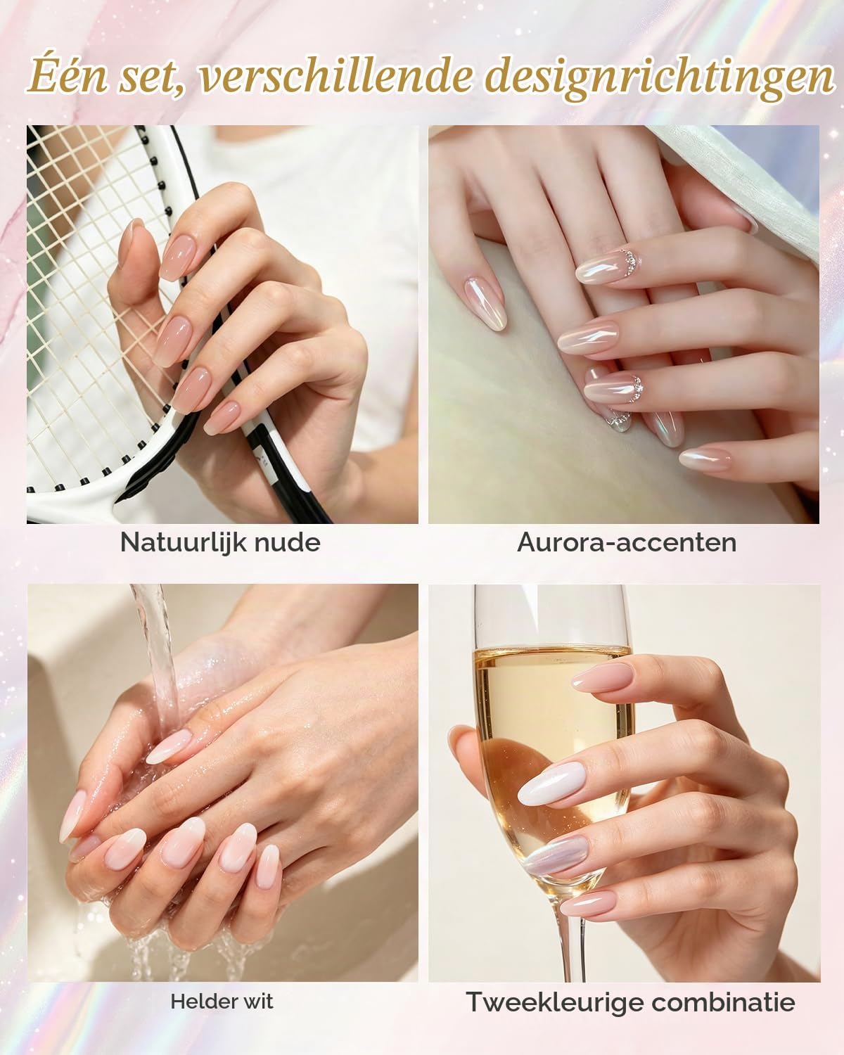 Detalle de Aokitec Nudes White Builder Gel Set met aurorapoeder en UV/LED-uitharding