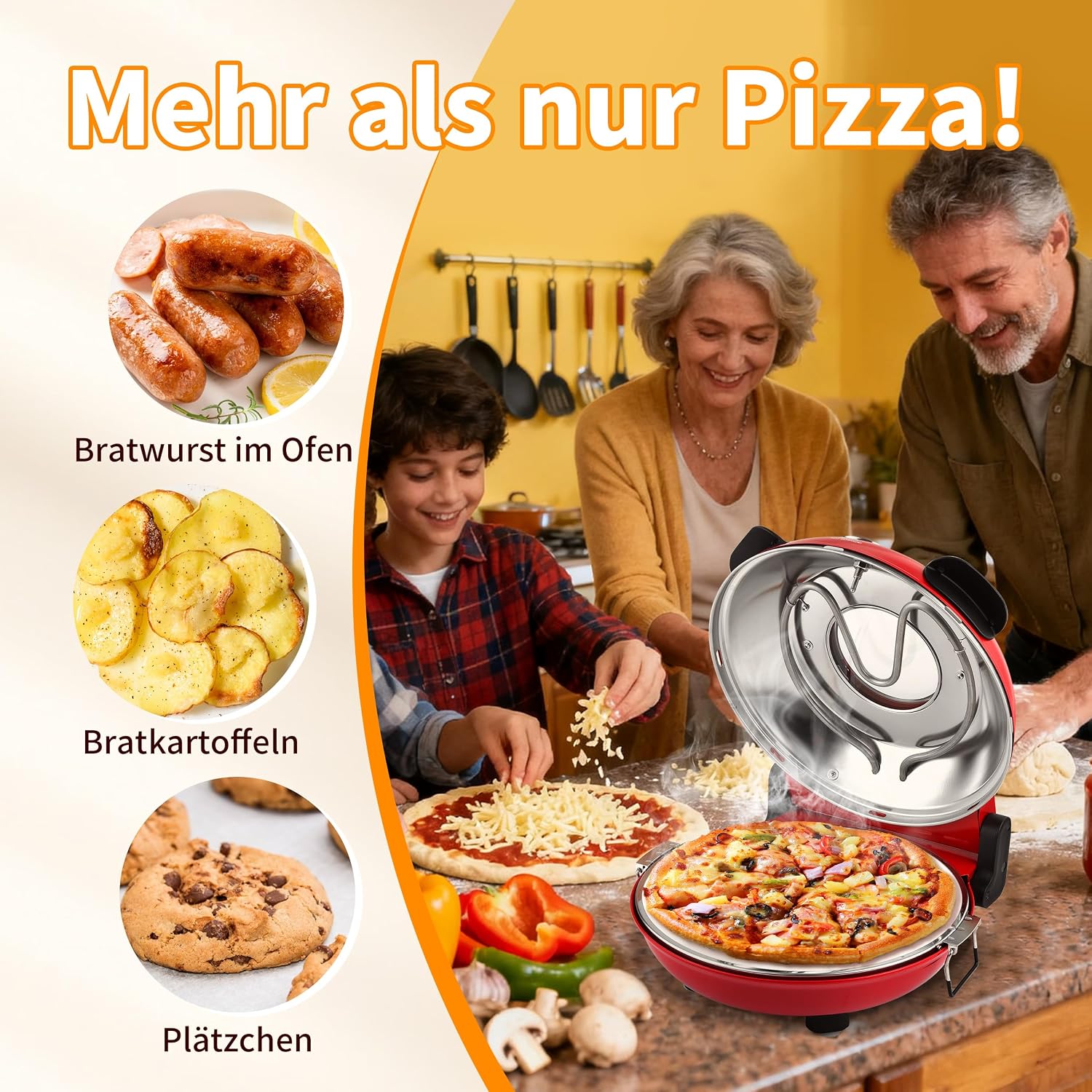 Detalle de YIBAKE Elektrischer Pizzaofen mit Pizzastein (1200 W) bis 420 °C, 31 cm – für 4-Minuten-Pizzen