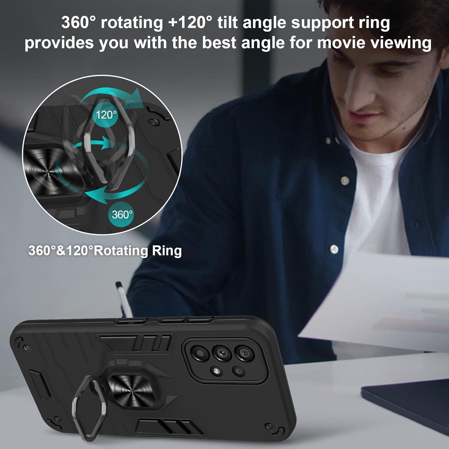 Thumbnail 1 de Btstring Case for Samsung Galaxy A53 5G with Tempered Glass Screen Protector, Shockproof Heavy Duty Cover & Car Mount Stand (Black)