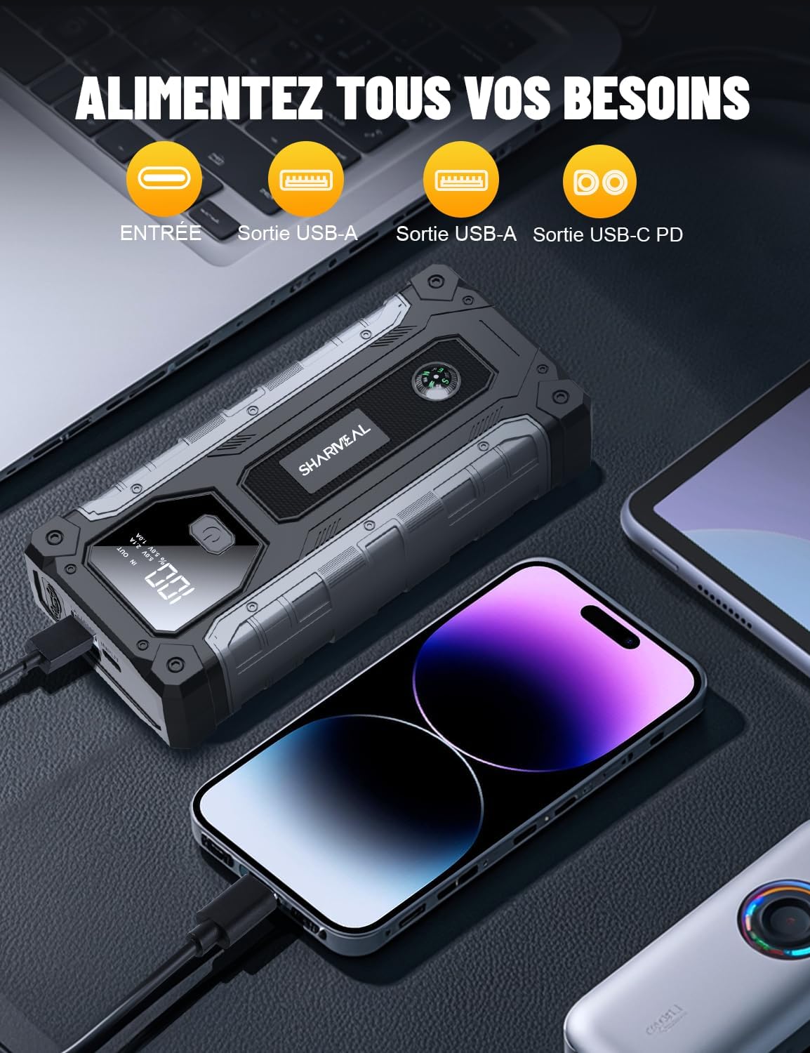 Detalle de Sharmeal Booster Batterie Voiture 8000A et Démarreur Portable – Puissance et polyvalence en une seule unité