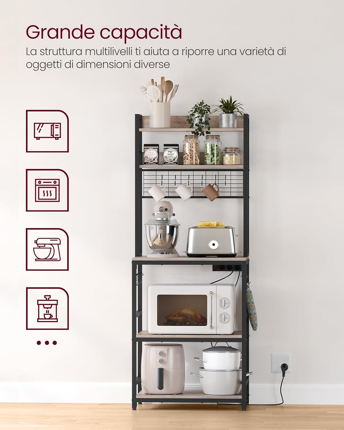 Thumbnail 3 de VASAGLE scaffale da cucina con multipresa e ganci KKS037B02EU, per microonde e organizzazione