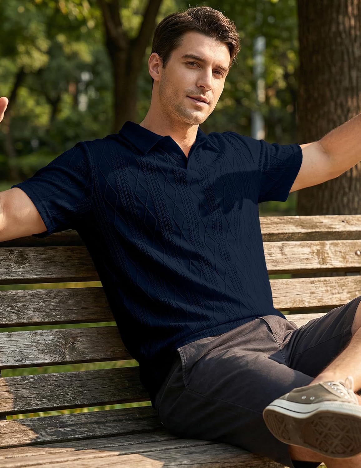 Thumbnail 6 de JMIERR Men's Polo Shirt Textured Knit Button Casual Short Sleeve for Summer and Golf