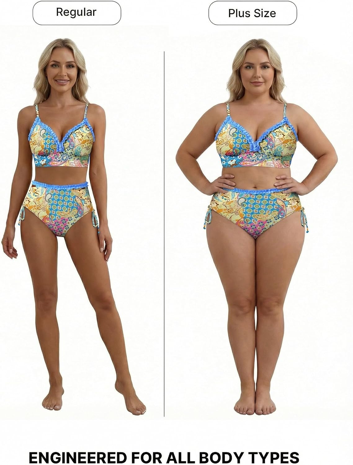 Detalle de Herseas Women's Splice Ruffle Trim Bikini Sets: Tie-Side, High-Waisted Bathing Suit