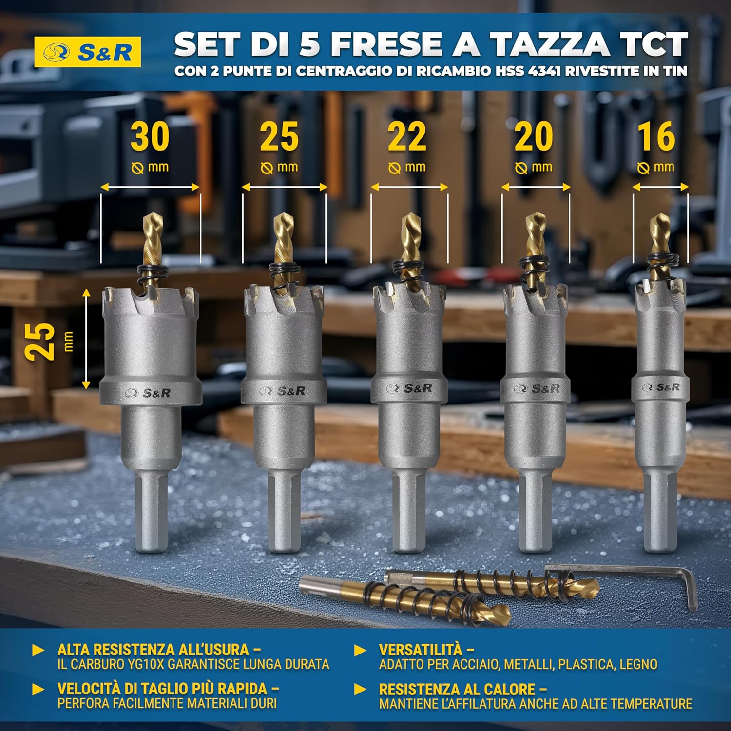 Detalle de S&R Set 5 Seghe a Tazza Metallo (16–30 mm) – Per Metallo, Legno e Plastica con Fresa a Tazza TCT e 7 Punte in Titanio