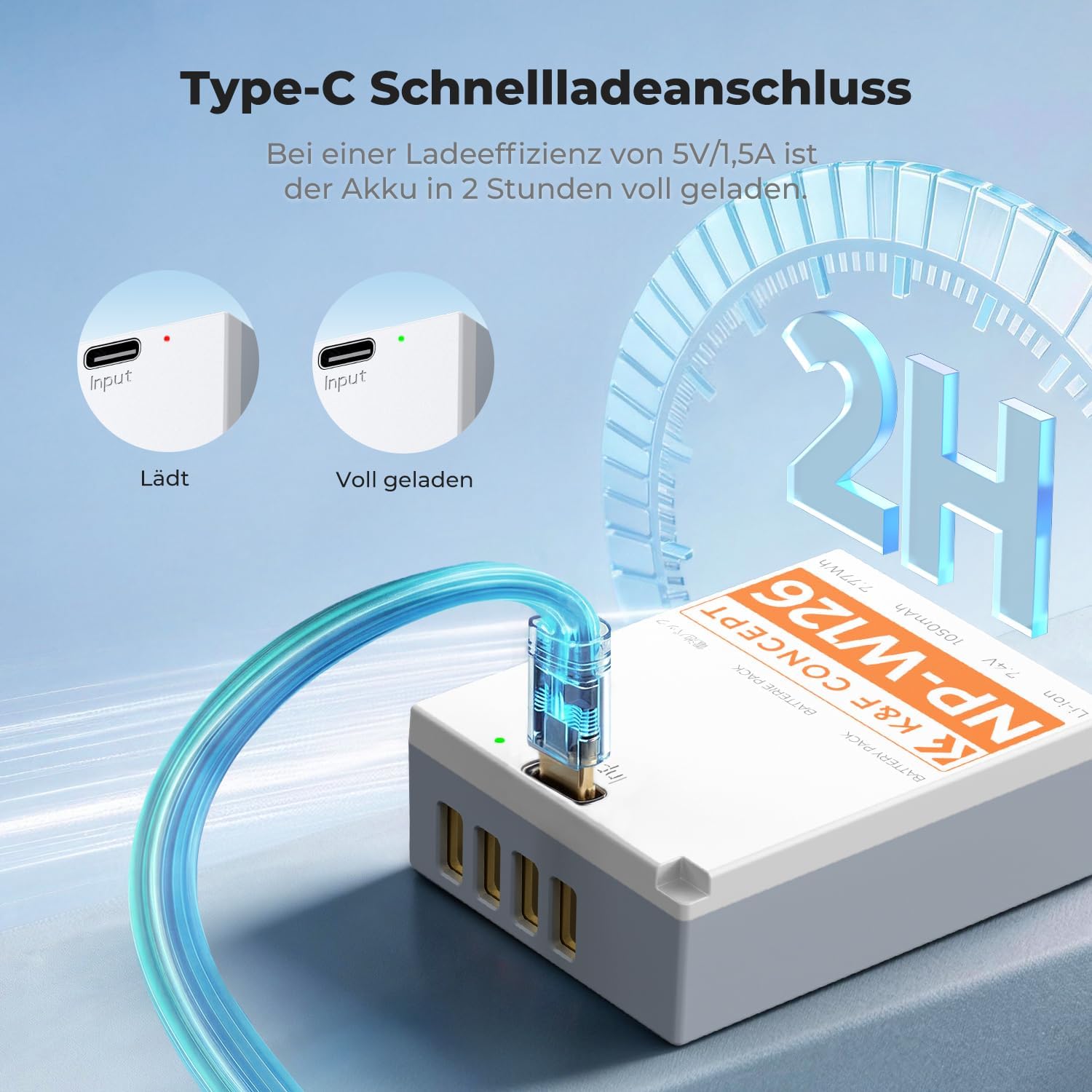 Thumbnail 6 de K&F CONCEPT NP-W126 / NP-W126S Direkt wiederaufladbarer Akku (1050 mAh) mit USB‑C – passend für ausgewählte Fujifilm X Modelle, 2er Pack