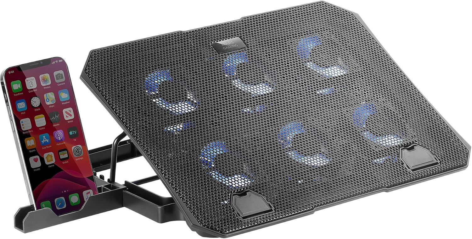 Detalle de Mars Gaming MNBC23 base di raffreddamento e supporto per laptop fino a 16” con 6 ventole LED blu, 6 posizioni e 2 USB 2.0