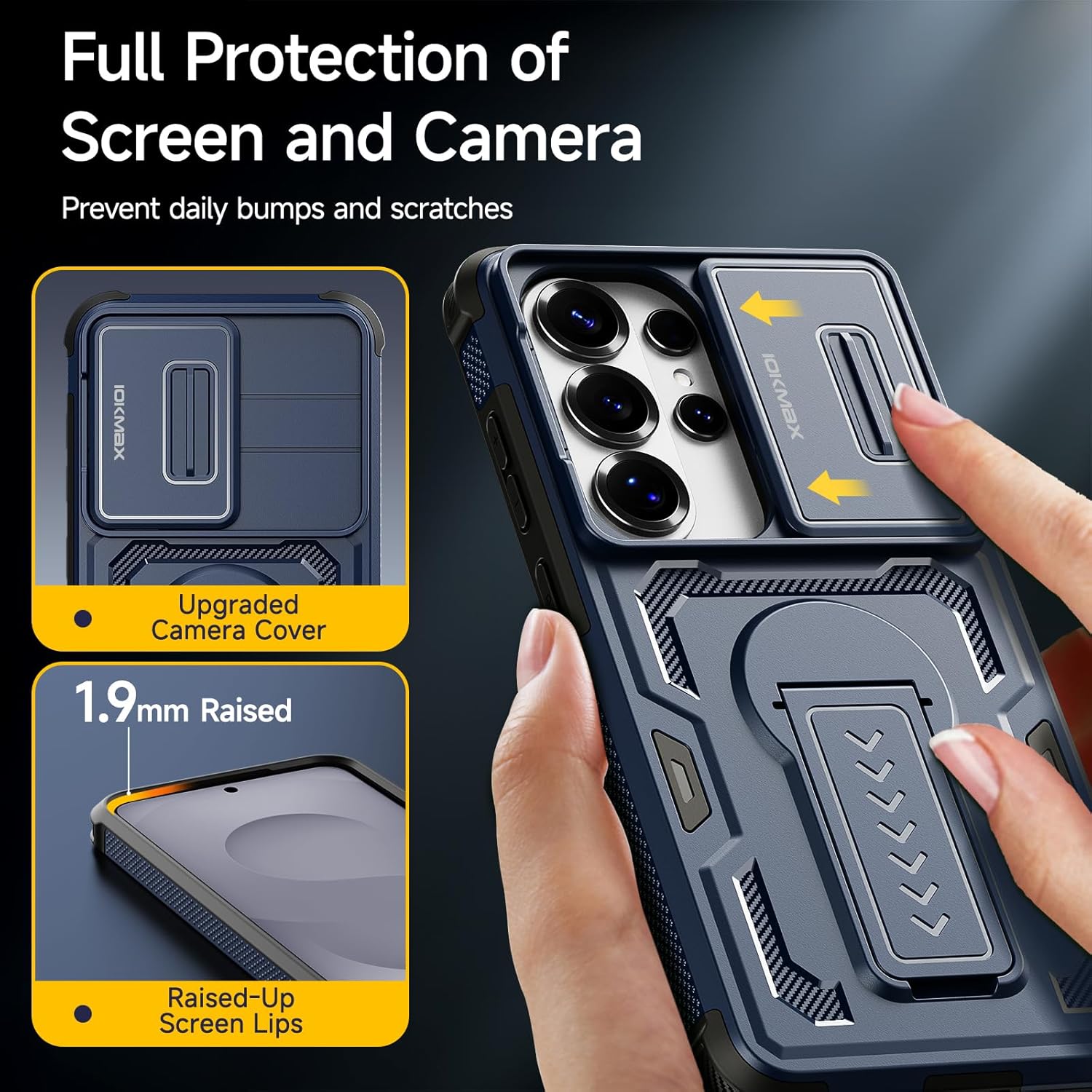 Thumbnail 2 de Iokmax Galaxy S26 Ultra case in blue with slide camera cover, kickstand and 2 screen protectors