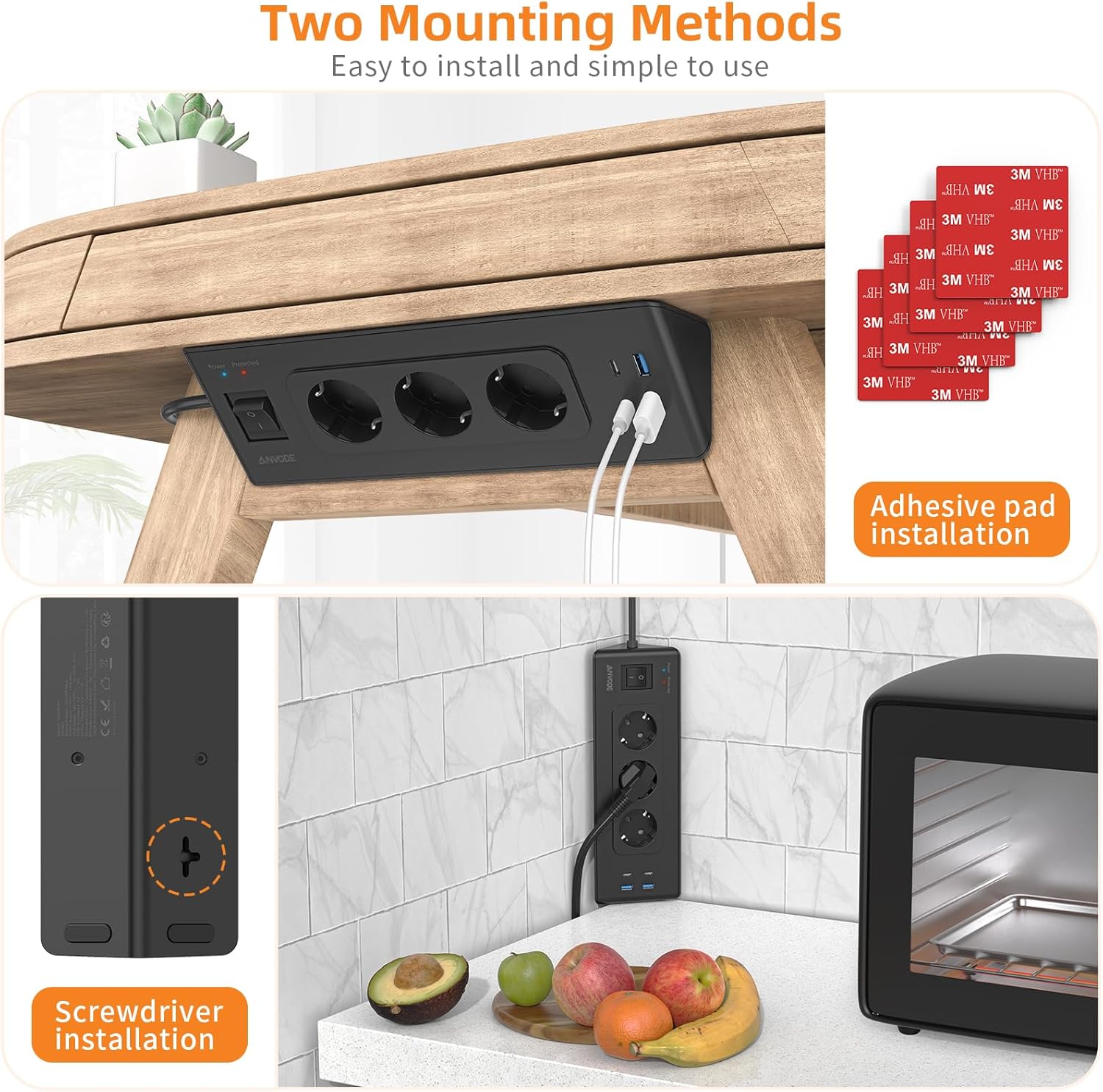 Thumbnail 4 de Ecksteckdose mit USB-A & 2× USB-C (3-fach) – Ecksteckdosenleiste mit Schalter und 2-m-Kabel