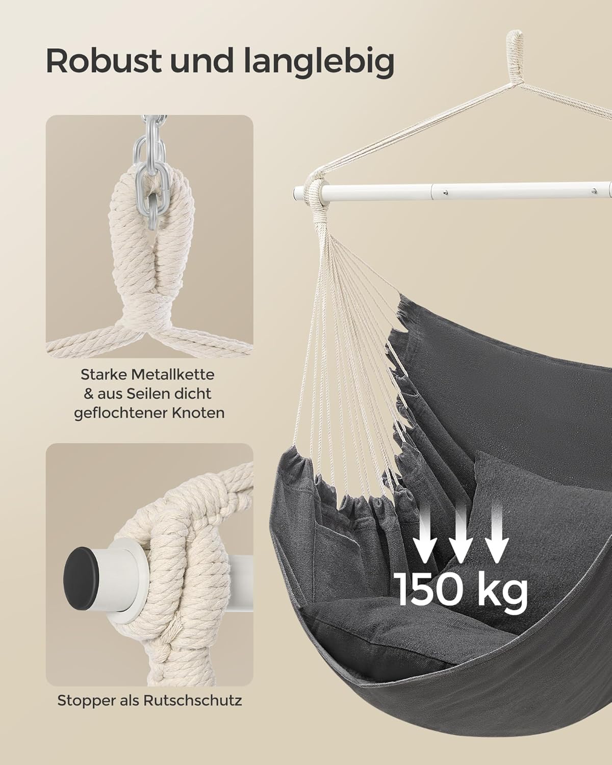 Detalle de SONGMICS Hängesessel GDC197G02 – Boho-Schaukelstuhl mit 2 Kissen, 150 kg Tragkraft, Innen/Außen