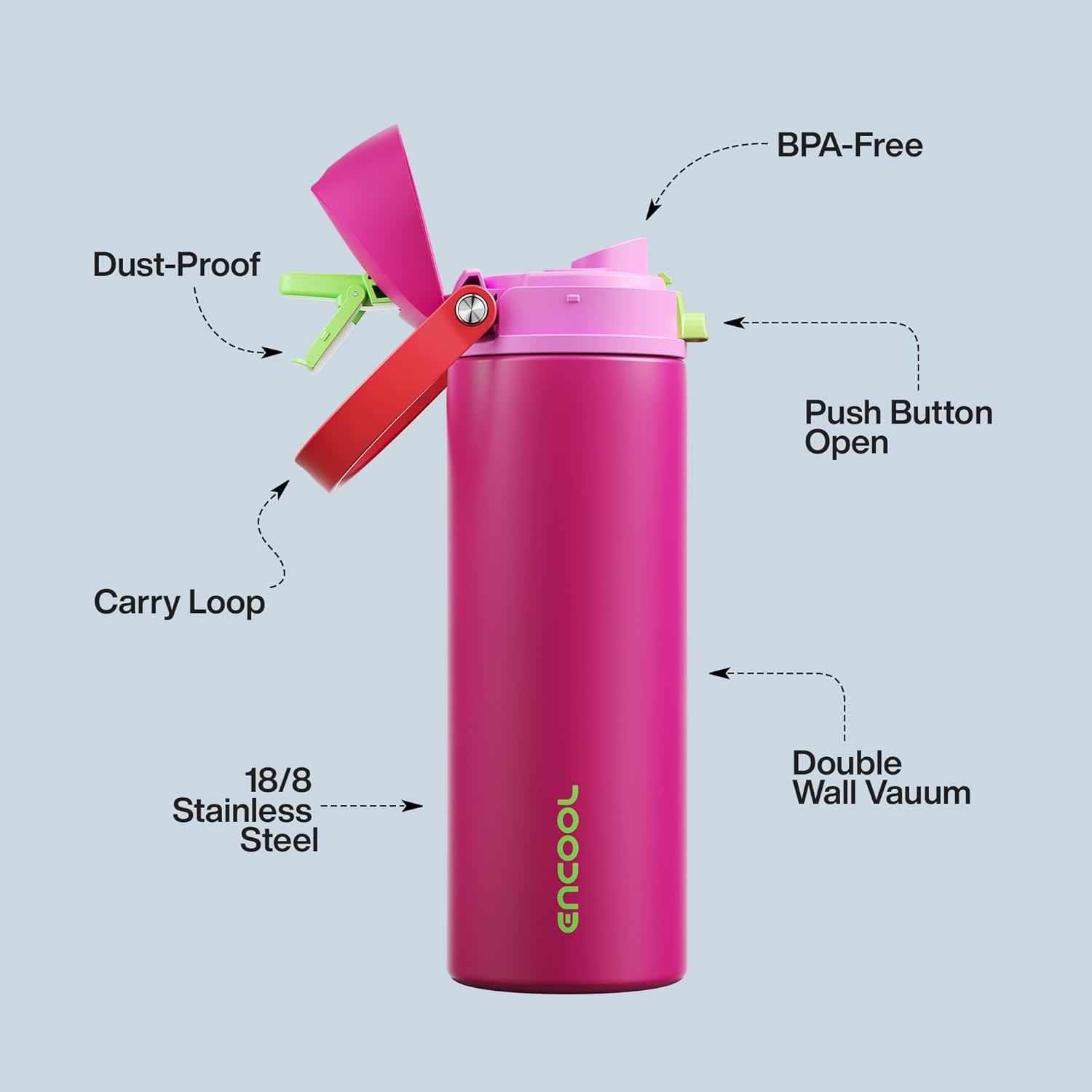 Thumbnail 3 de Encool Insulated Water Bottle with Straw (24 oz, Cerise Pink)