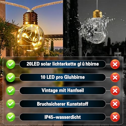 Thumbnail 6 de Cnulenzt Solar Lichterkette Outdoor 20 Glühbirnen, 10 m, Hanfseil – dimmbar, Memory-Funktion, USB & Solar