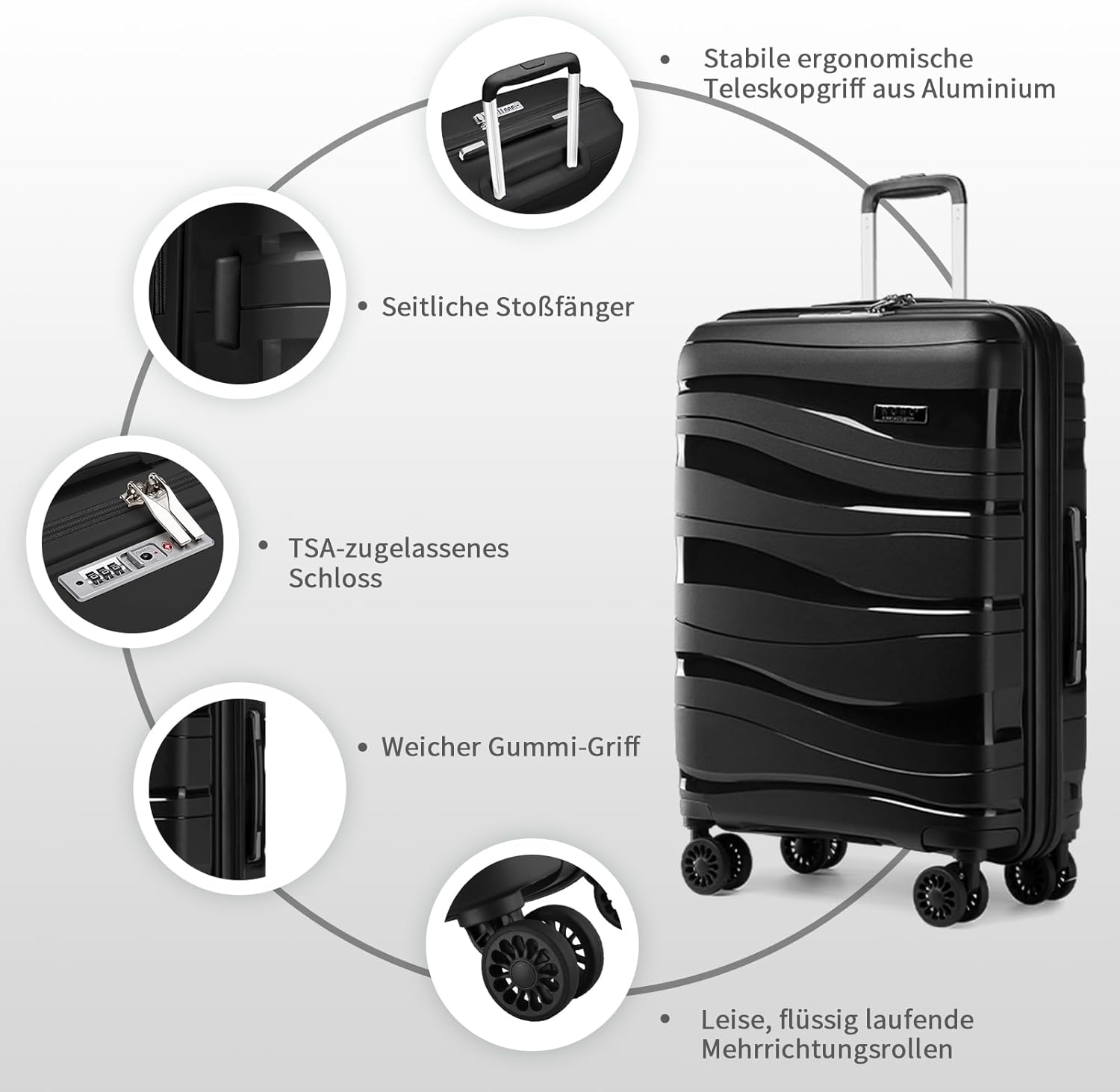 Detalle de KONO Mittelgroßer Koffer 65 cm – Leichtes Polypropylen-Hartschalenreisekoffer mit TSA-Schloss