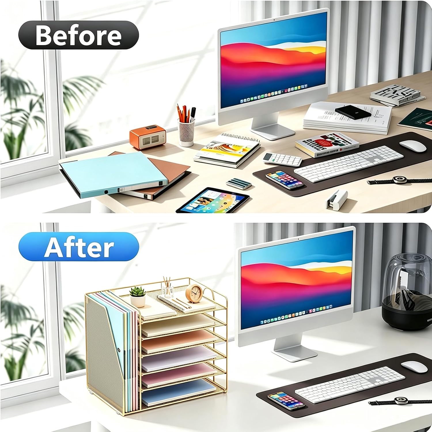 Detalle 2 de gianotter 6T 6-Tier Paper Organizer with Magazine Holder, Gold Metal
