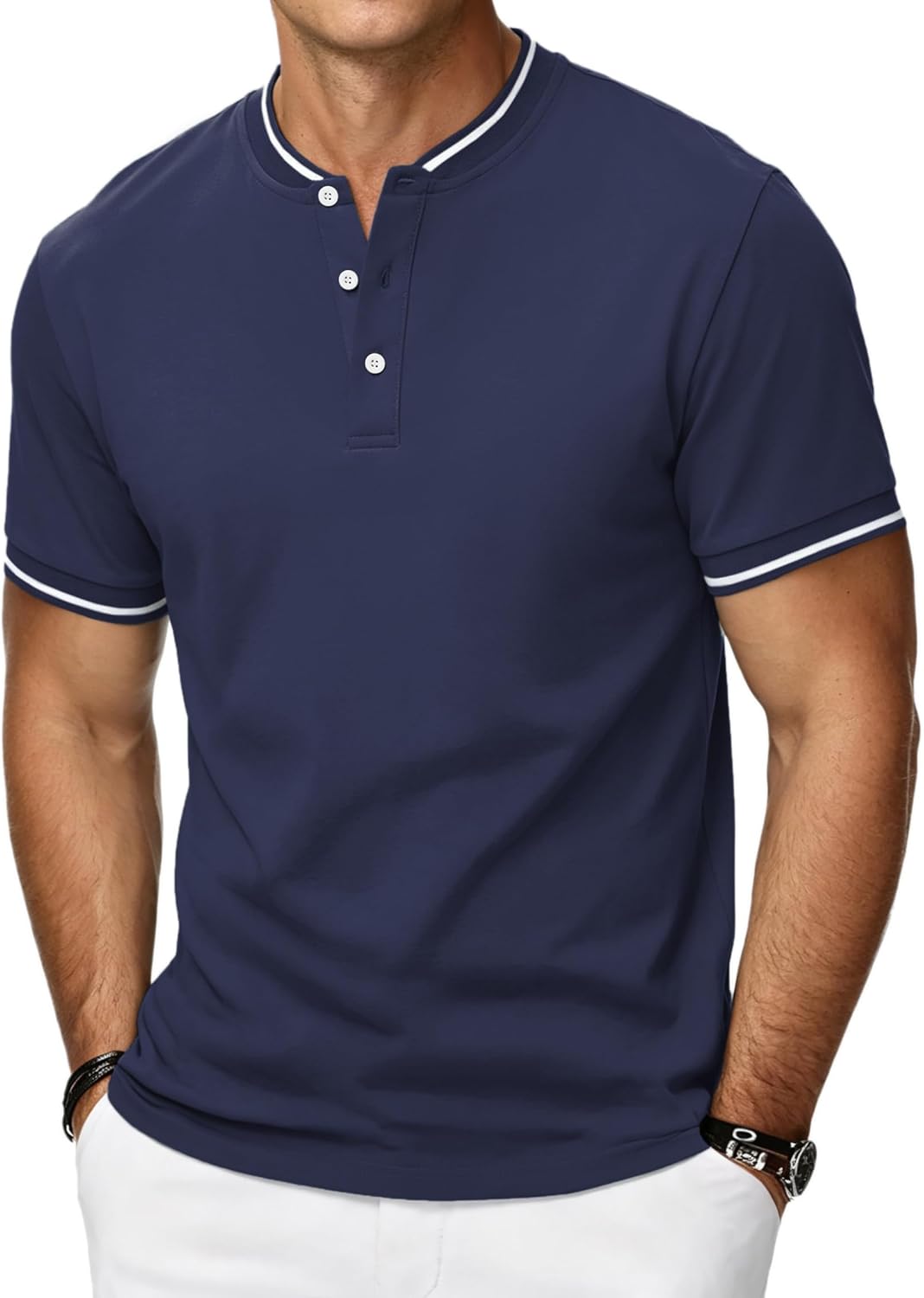 Thumbnail 6 de HMIYA Herren Henley Polo Kurzarm – atmungsaktives Baumwoll-Elasthan-T-Shirt mit Kontrastkante