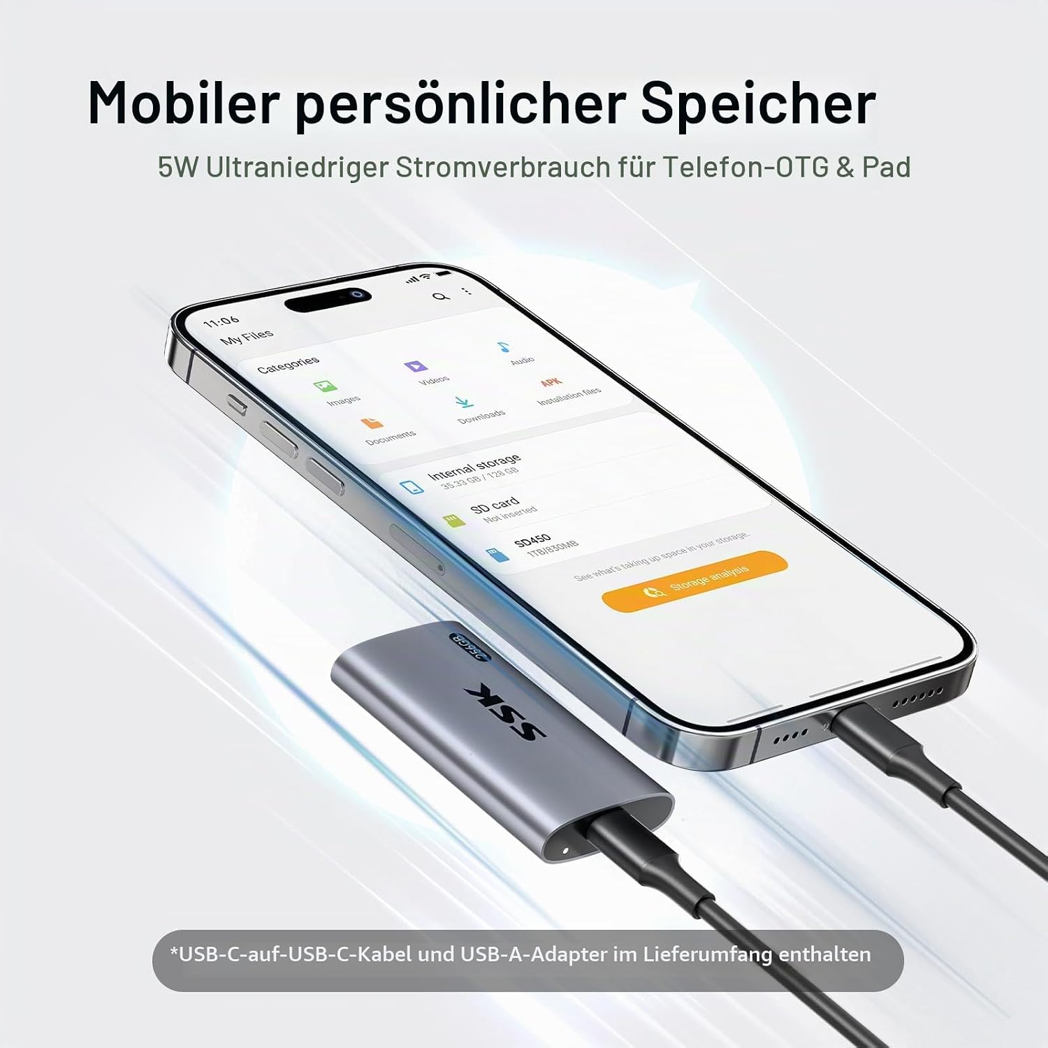 Detalle de SSK Externe SSD 256GB – USB 3.2 Gen2 Portable SSD mit USB-C/USB-A Kabel