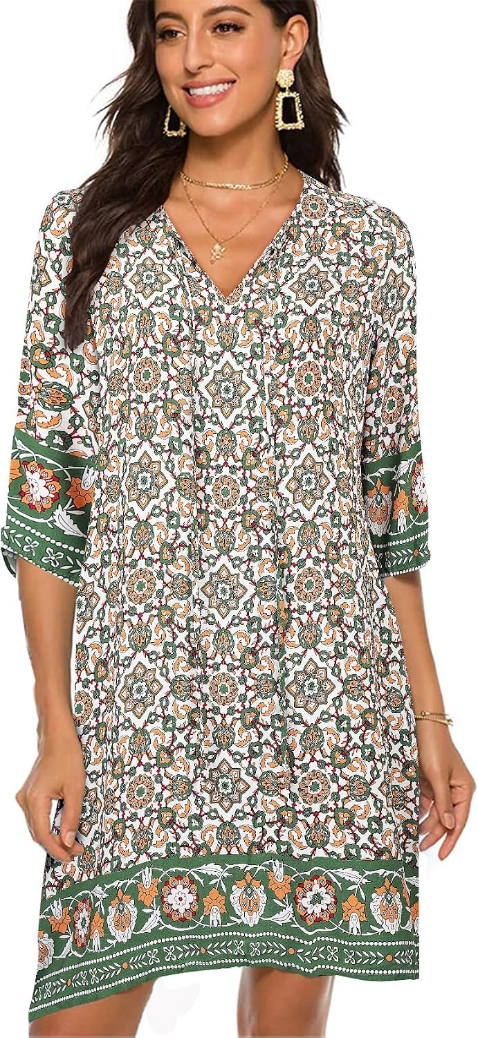 Thumbnail 6 de BDTECAOR Damen Vintage Ethnostil Tunika-Kleid mit Blumenmuster und V-Ausschnitt (3/4-Arm)