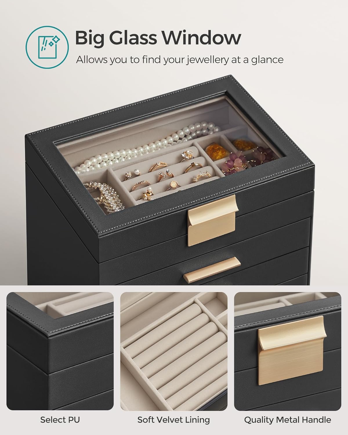 Thumbnail 3 de SONGMICS GISELLA JBC171B01 Jewellery Box with Glass Lid, 6 Layers & 5 Drawers (Ink Black & Gold)