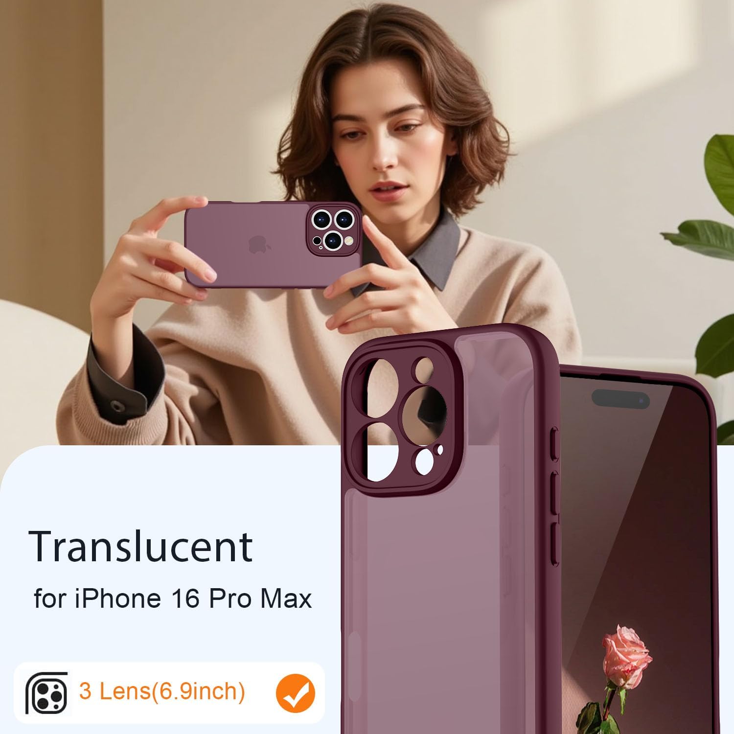 Thumbnail 1 de KPPIT iPhone 16 Pro Max Case — Shockproof Military Grade Protection, Frosted Translucent (Wine Red)