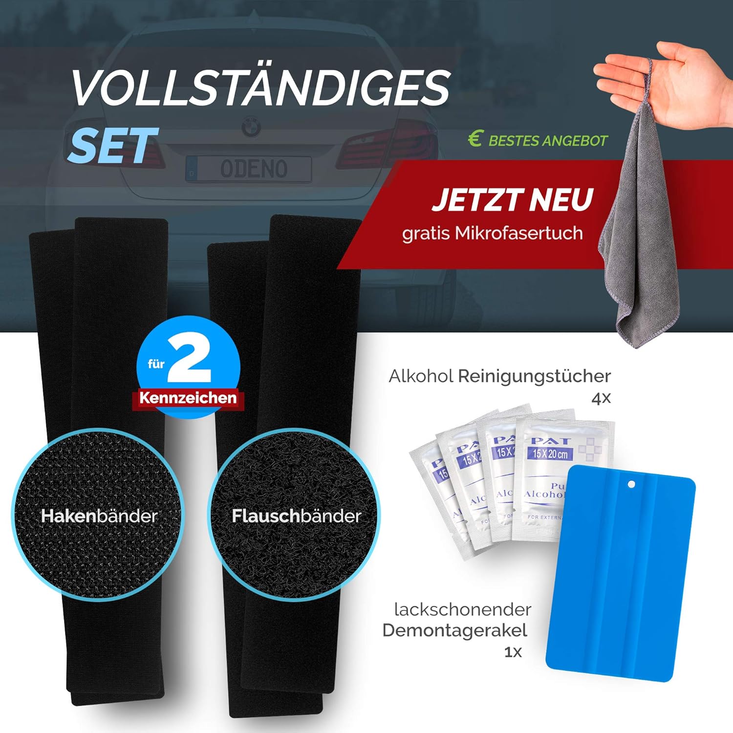 Detalle de DAS ORIGINAL ODENO Klett Kennzeichenhalter-Set Rahmungsfrei – Selbstklebend, wetterfest, STRONG Klettbindung