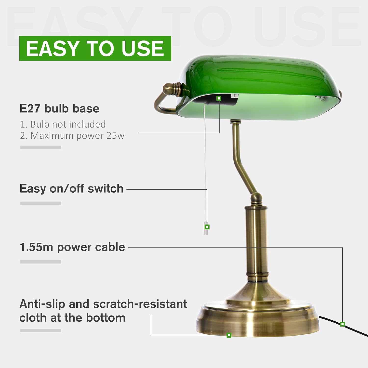 Detalle de HOMCOM Banker's Table Lamp with Glass Shade Green