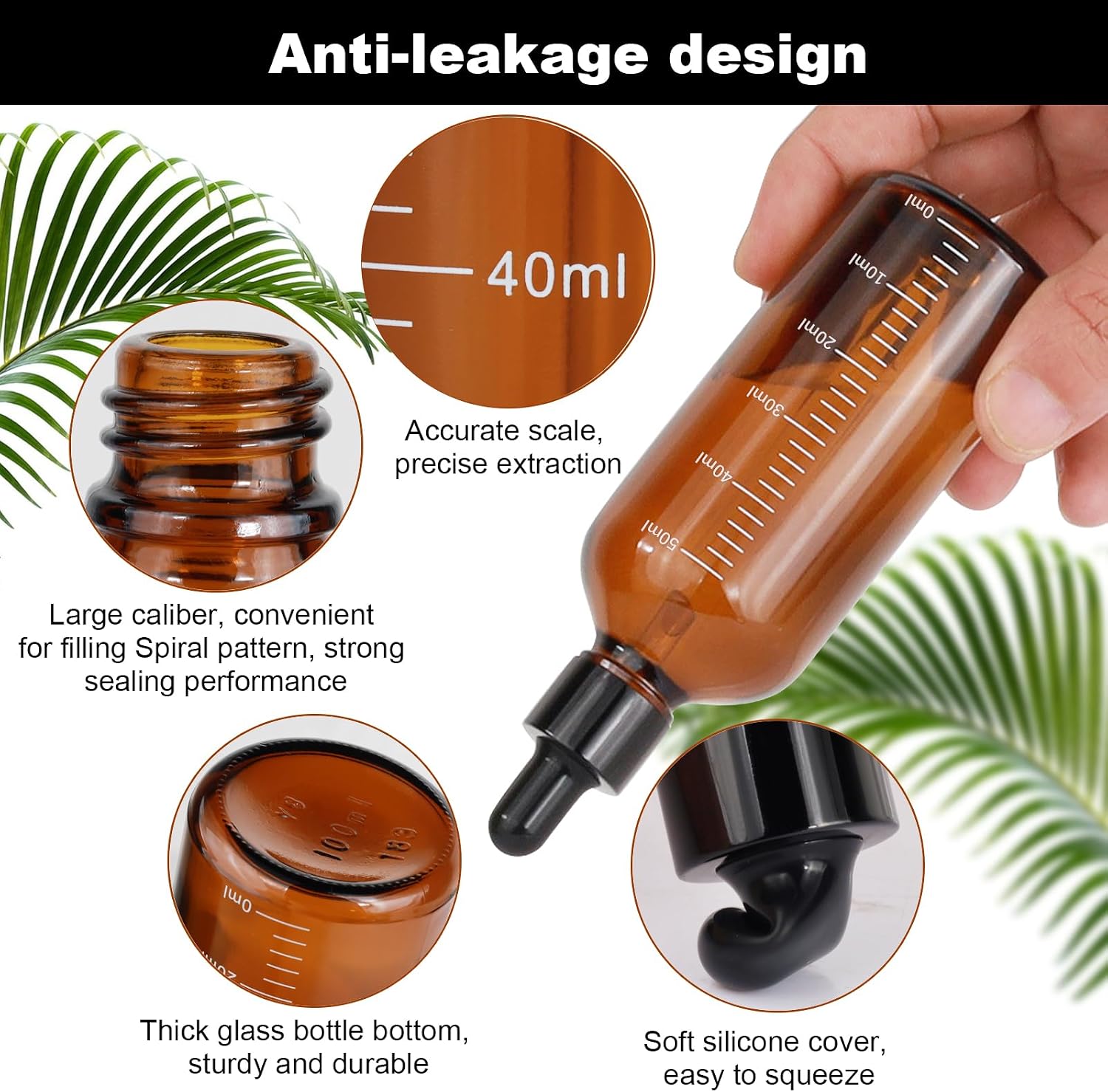 Detalle de Nadisean 6Pcs Amber Glass Dropper Bottles 50ml – Precise,UV‑protected Refillable Set