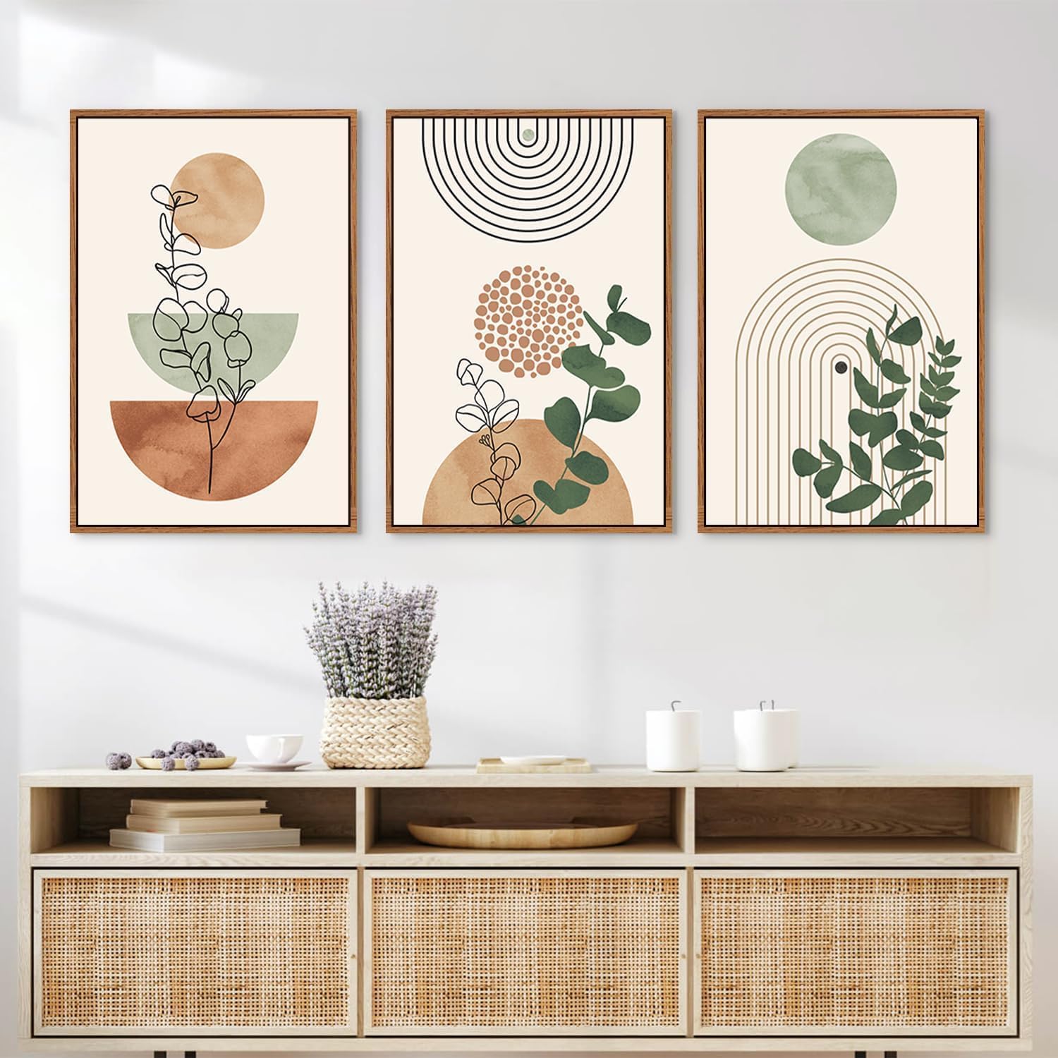 Detalle 2 de HPNIUB Boho Grün Leinwandbild im Rahmen (40 x 60 cm) – abstrakte Wanddekoration im Mid-Century-Stil