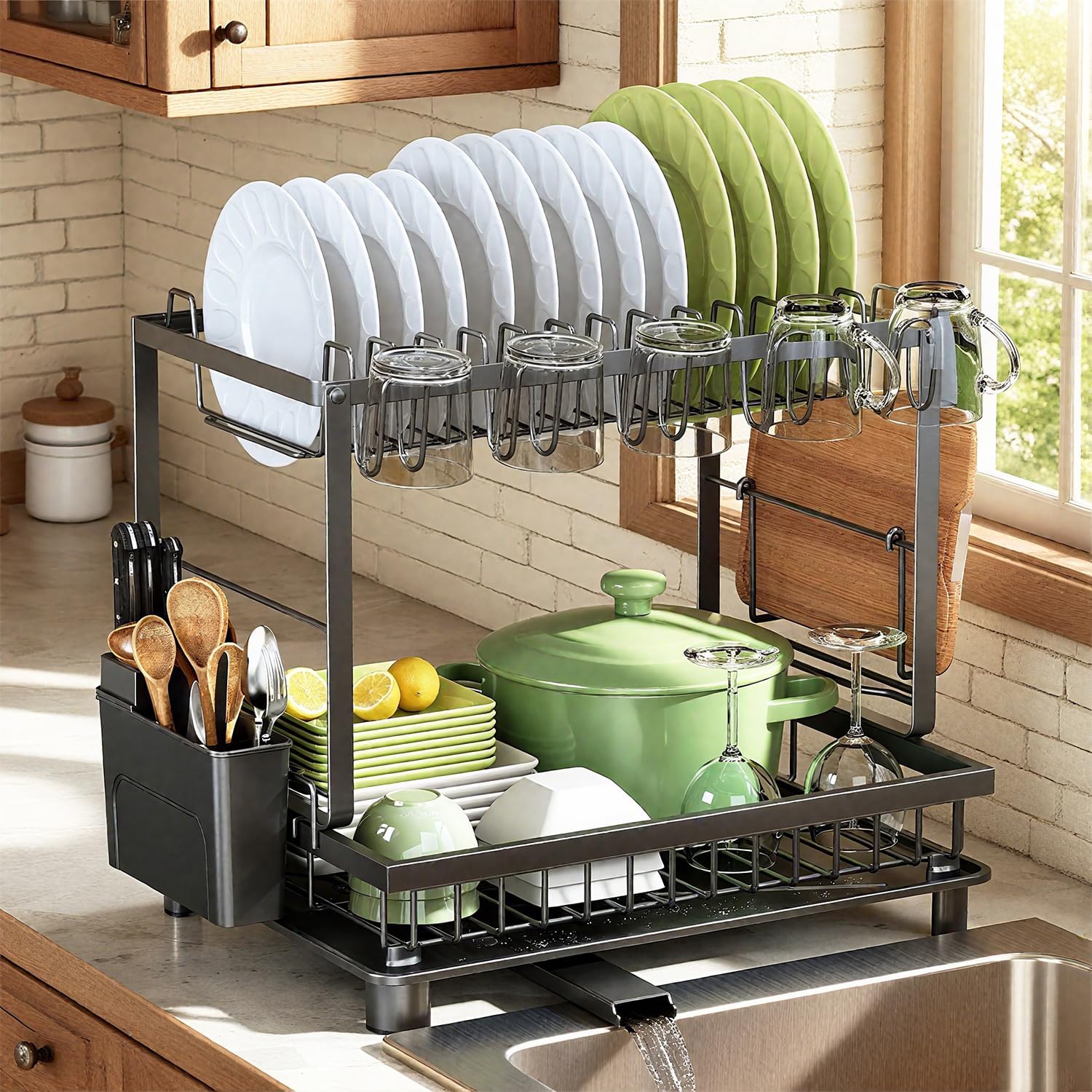 Detalle de Nfnoyp 2-Tier Dish Drying Rack with Rustproof Carbon Steel — Space-Saving Kitchen Drainer