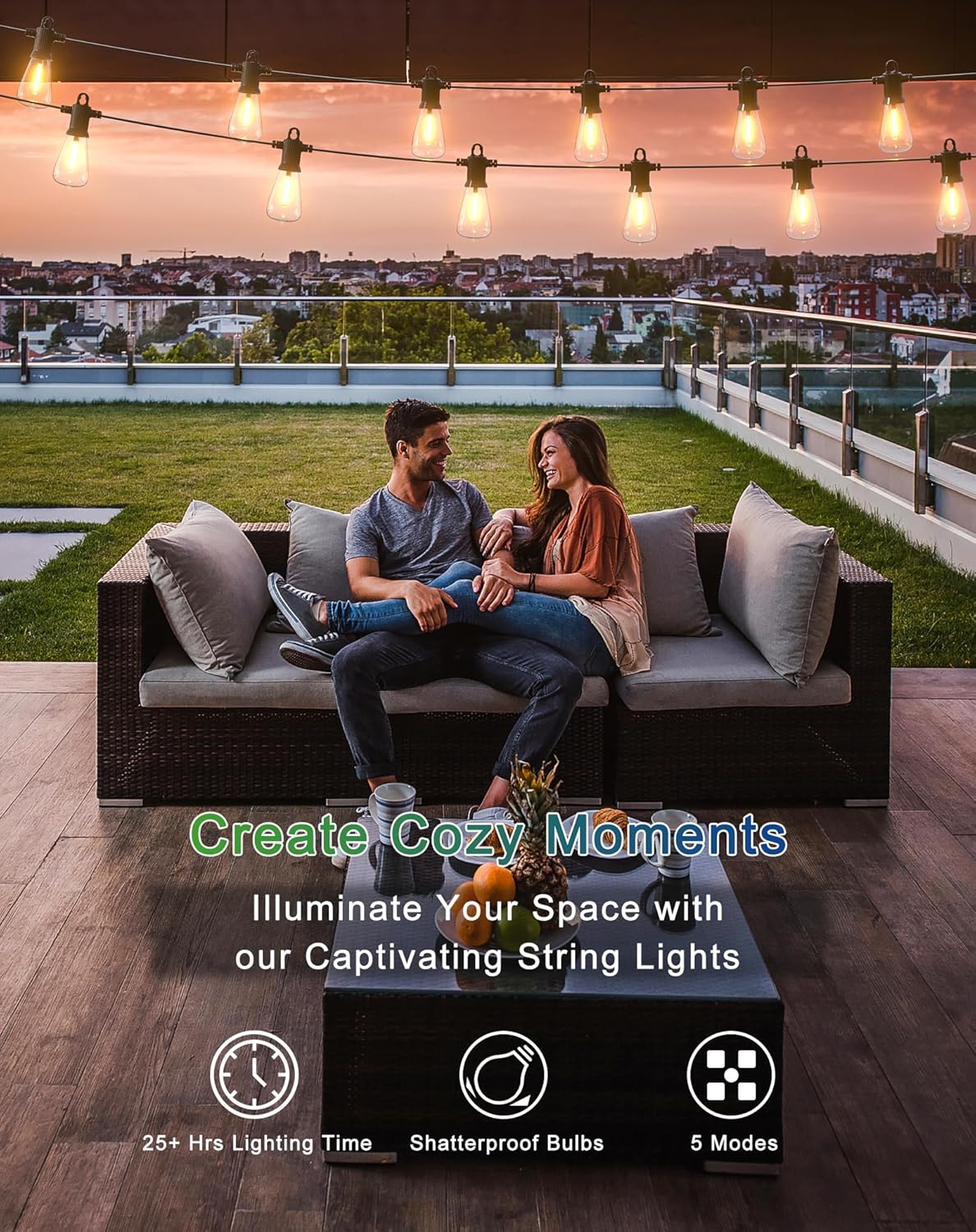 Thumbnail 5 de Zuske Solar Festoon Lights Outdoor (15m/50ft) with 25+2 Shatterproof LED Bulbs, Warm White, IP65