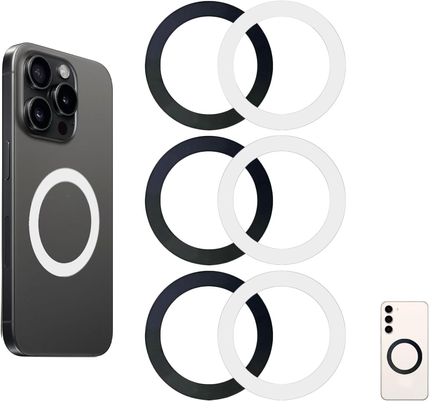 Detalle de SEYUGOPTI 6-Pack Ultra-Thin Magnetic Ring Stickers for MagSafe (Black & White) – 0.5mm Thick, Strong Adhesive