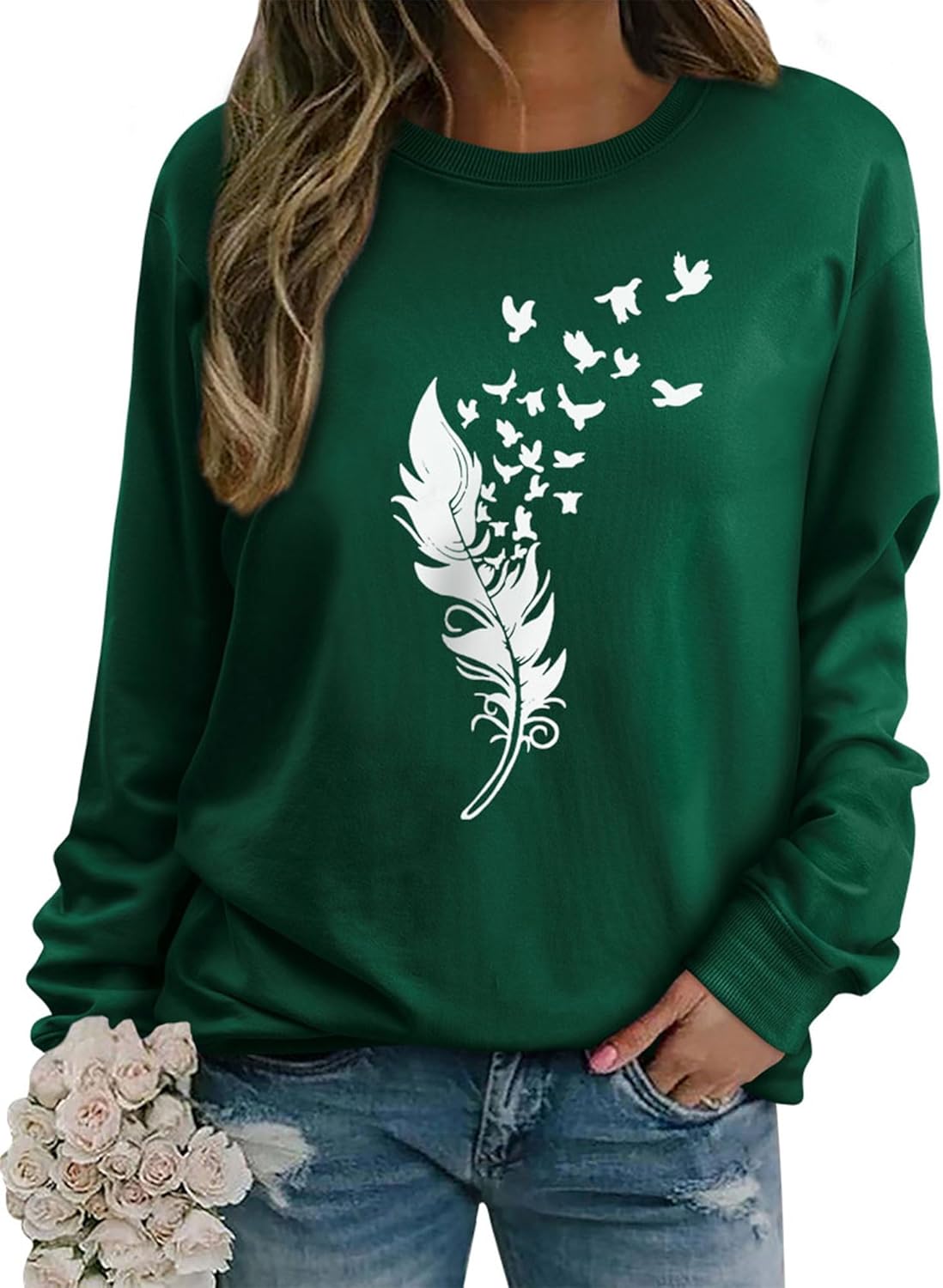 Thumbnail 5 de Dresswel Damen Pullover mit Feder & Vogel Grafikdruck (Rundhals, lange Ärmel) – Sweatshirt Langarmshirt