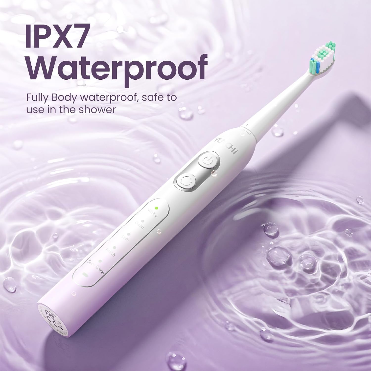 Detalle de YUNCHI C2 Electric Toothbrush (Purple White Gradient) – USB-C rechargeable sonic brush with 5 modes and 8 heads