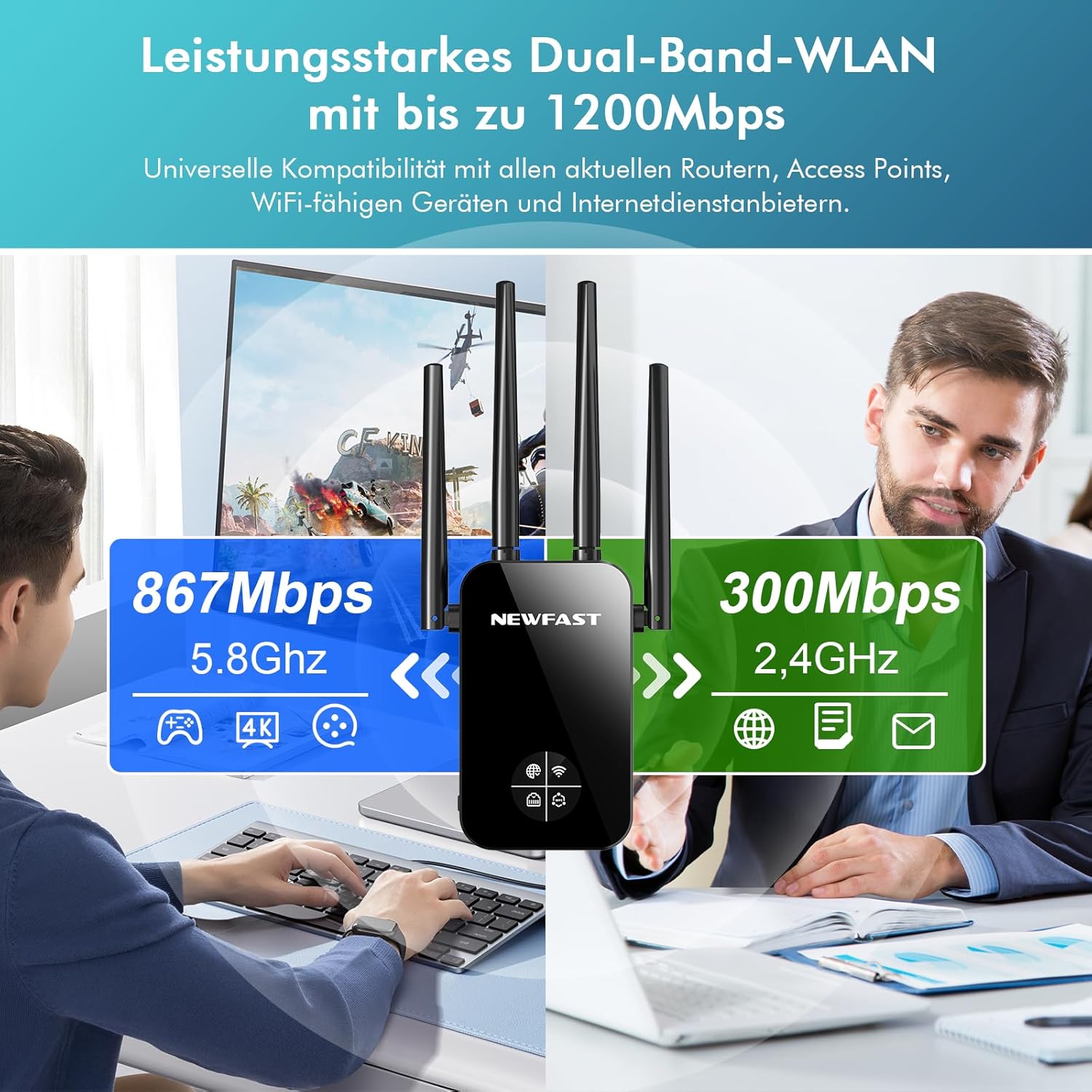 Thumbnail 3 de NEWFAST WLAN Verstärker 1200 Mbps Dual-Band Repeater mit 4 schwenkbaren Antennen und WPS